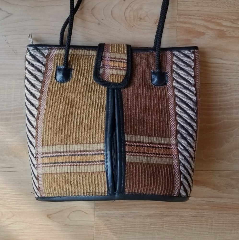 Cotton Fabric and Faux Leather African Hand Bag